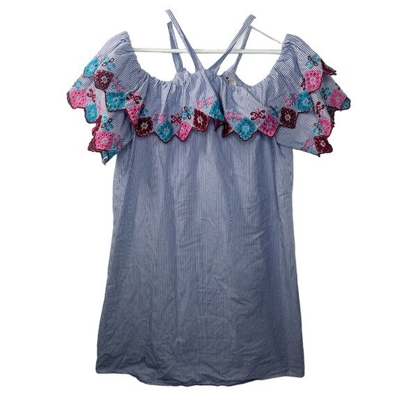 Loft Dress Womens XS Halter Off Shoulder Blue White Striped Embroidered Casual - Picture 1 of 13